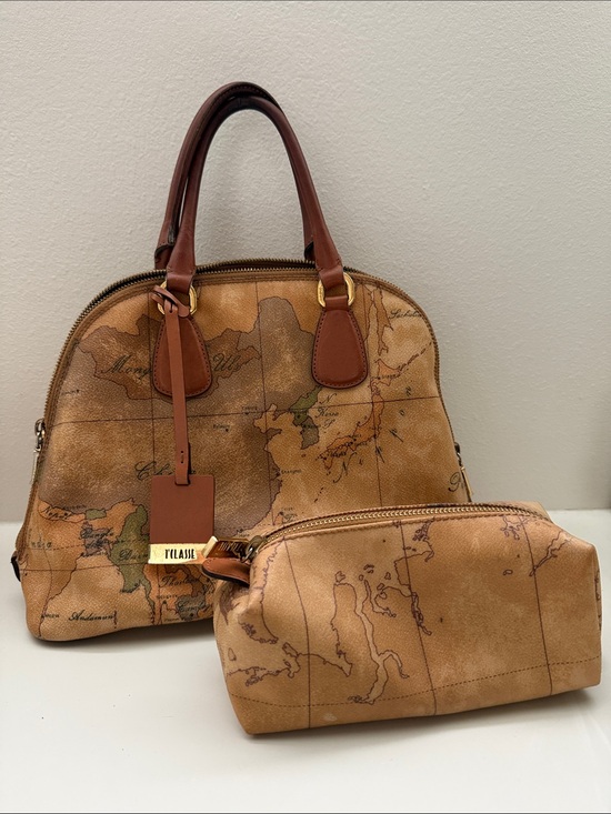 Alviero Martini Handbags - Alviero Martini Tan and Brown Map-Print Dome Satchel with Matching Pouch